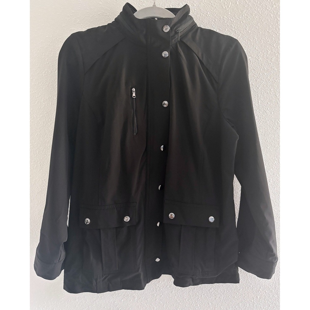 Chicos Neema Travel Jacket Womens 1 Medium Black UPF 50+ Classic Packable Hooded